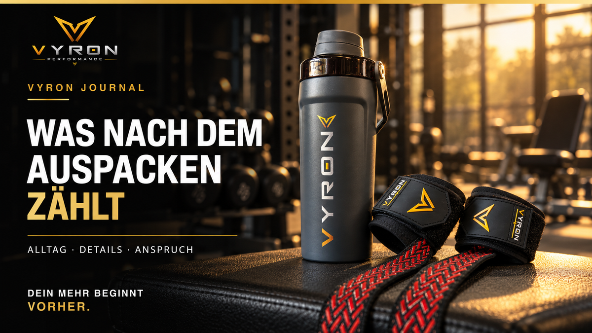 VYRON Shaker und Zughilfen auf einer Trainingsbank im Fitnessstudio – Titelbild zum Journalbeitrag „Was nach dem Auspacken zählt“.