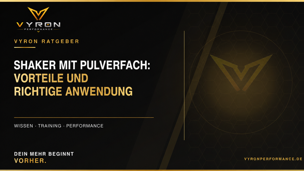 Schwarz-goldenes VYRON-Ratgeber-Titelbild: Shaker mit Pulverfach – Vorteile und richtige Anwendung.