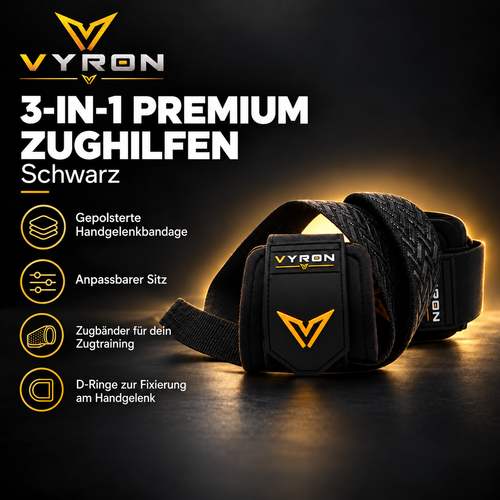 VYRON 3-in-1 Premium Zughilfen in Schwarz: Übersicht mit gepolsterter Bandage, Zugbändern und D-Ringen.