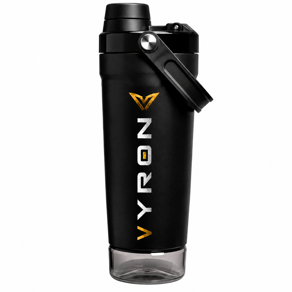 Schwarzer VYRON Edelstahl Protein Shaker mit Tragegriff und transparentem Pulverfach