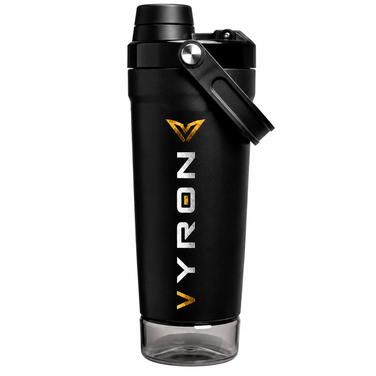 Schwarzer VYRON Edelstahl Protein Shaker mit Tragegriff und transparentem Pulverfach