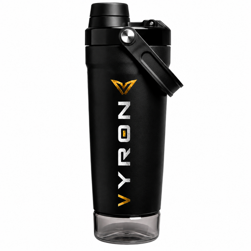 Schwarzer VYRON Edelstahl Protein Shaker mit Tragegriff und transparentem Pulverfach