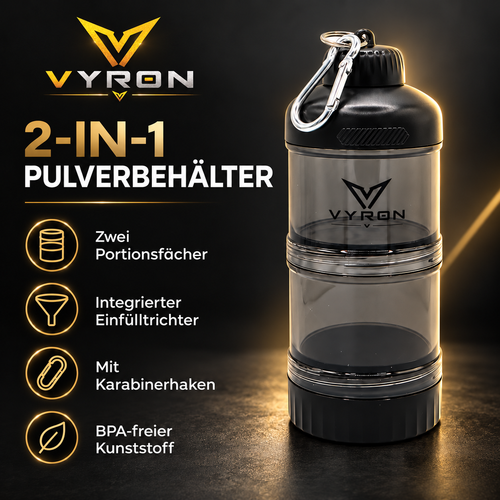 VYRON 2-in-1 Pulverbehälter: Übersicht mit zwei Portionsfächern, Einfülltrichter und Karabiner.