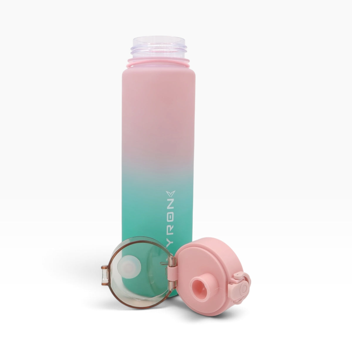 VYRON Sport-Trinkflasche 750 ml in Aurora Pink mit geöffnetem Trinkdeckel