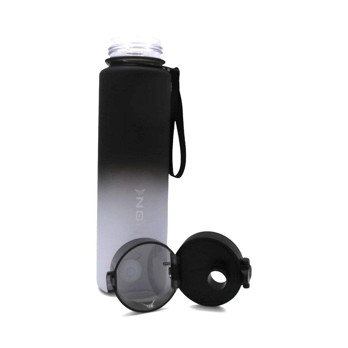 VYRON Sport-Trinkflasche 750 ml in Smoke Black mit geöffnetem Trinkdeckel