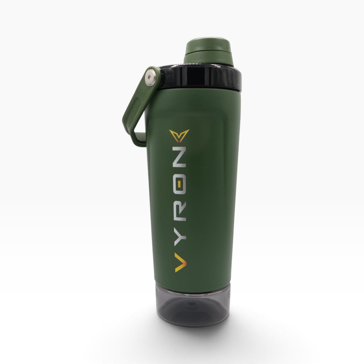 VYRON STEELSHAKE DUO Edelstahl Protein Shaker, 590 ml, in Olivgrün mit Pulverfach und geschlossenem Deckel