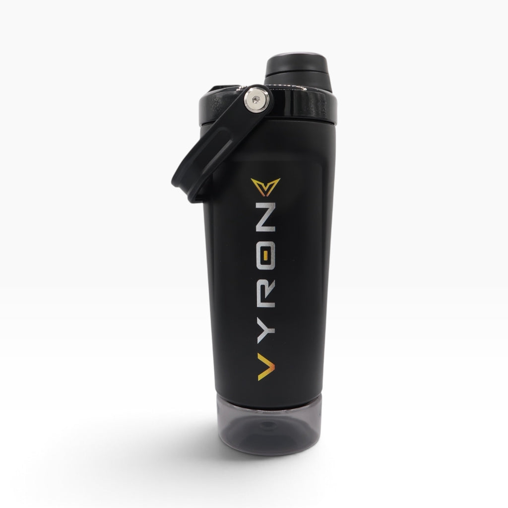 VYRON STEELSHAKE DUO Edelstahl Protein Shaker, 590 ml, in Schwarz mit Pulverfach und geschlossenem Deckel