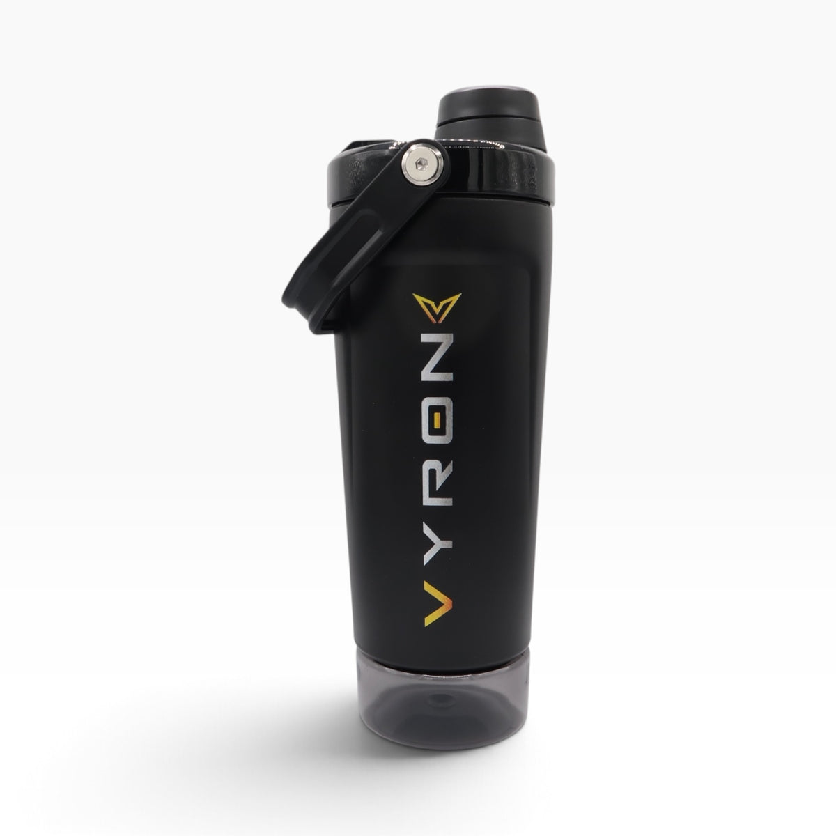 VYRON STEELSHAKE DUO Edelstahl Protein Shaker, 590 ml, in Schwarz mit Pulverfach und geschlossenem Deckel