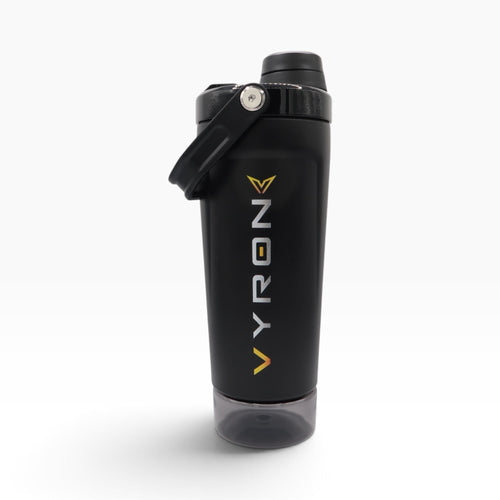 VYRON STEELSHAKE DUO Edelstahl Protein Shaker, 590 ml, in Schwarz mit Pulverfach und geschlossenem Deckel
