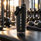 VYRON STEELSHAKE DUO in Schwarz mit Pulverfach auf einer Trainingsbank neben Hantel und Handtuch im Fitnessstudio.