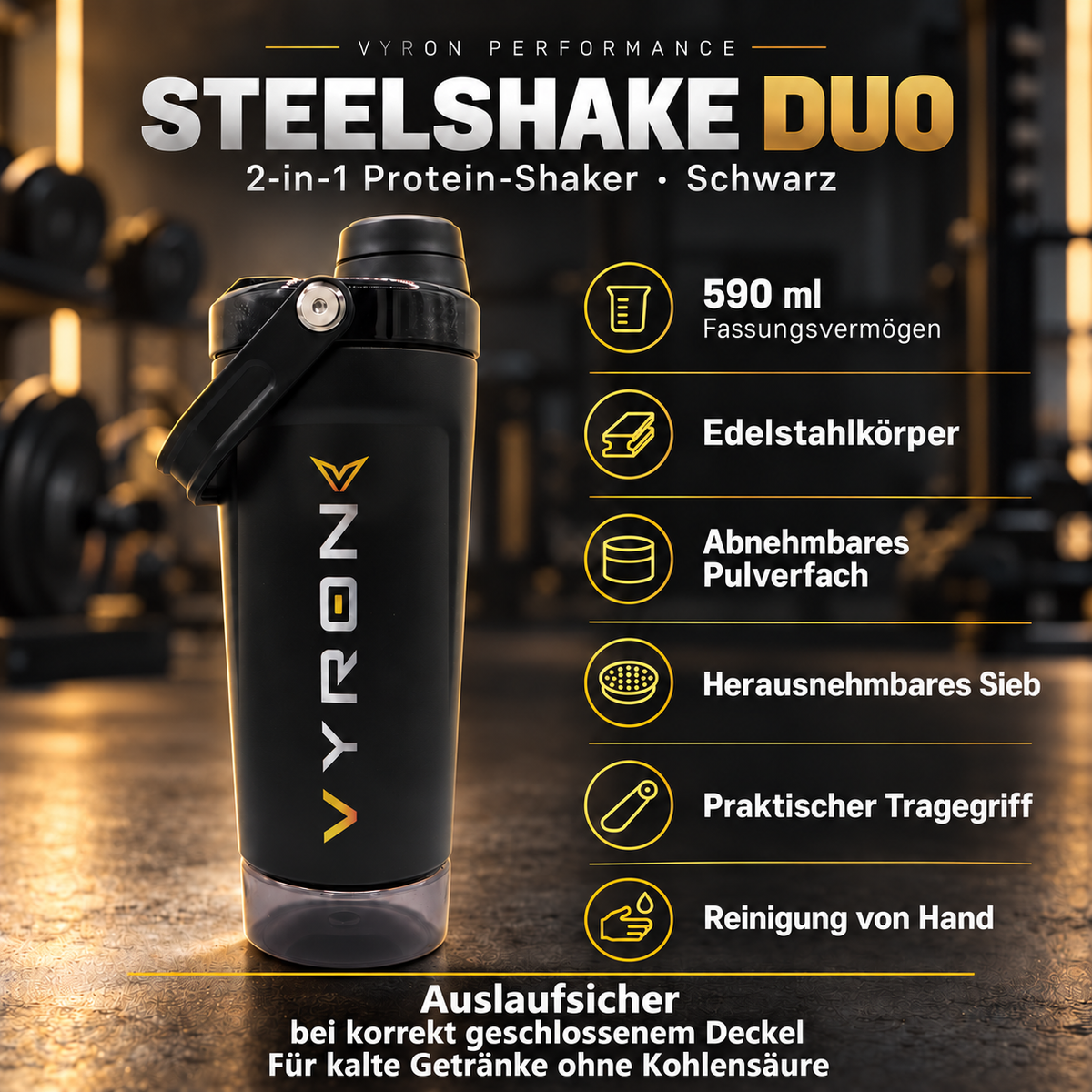 VYRON STEELSHAKE DUO in Schwarz, 590 ml: Produktübersicht mit Pulverfach, Sieb sowie Pflege- und Nutzungshinweisen.